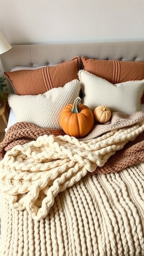 A cozy bed with layered textiles, featuring a chunky knit blanket, rust-colored pillows, and decorative pumpkins.