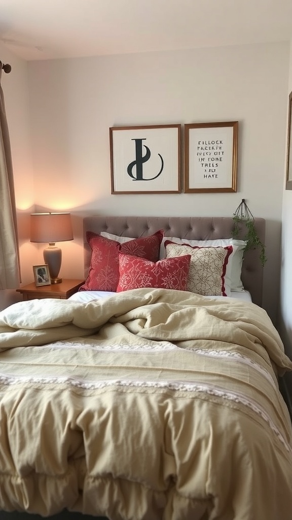 Cozy guest bedroom featuring layered textiles with a beige comforter, red pillows, and warm lighting.