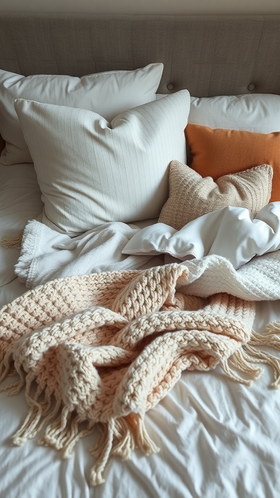 A cozy bed with layered pillows and a knitted blanket, creating a warm and inviting atmosphere.