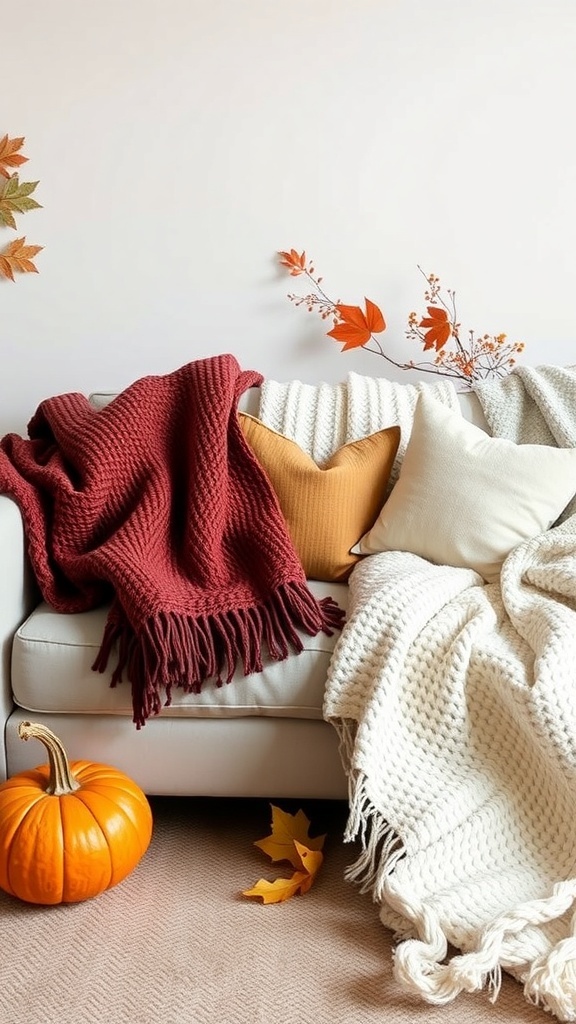 A cozy fall room with layered textiles, including blankets and pillows, and a pumpkin.
