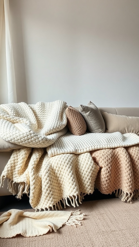 Cozy living room with layered textiles including blankets and cushions on a sofa.