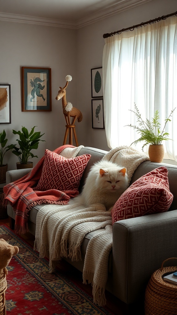 A cozy farmhouse living room with layered textiles, including throws and pillows, creating a warm atmosphere.