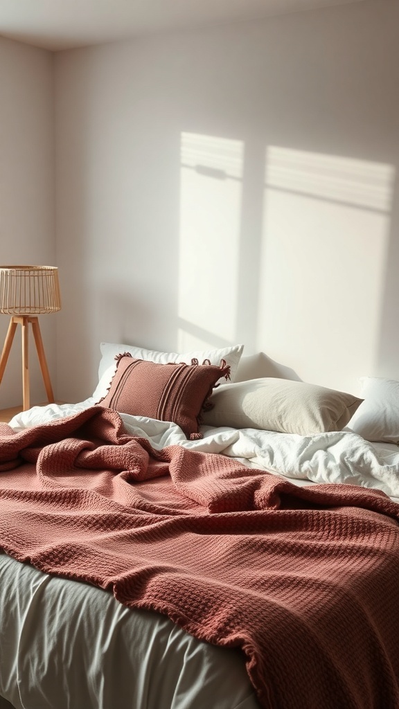 A cozy bedroom with layered textiles including a soft duvet, textured throw, and decorative pillows.