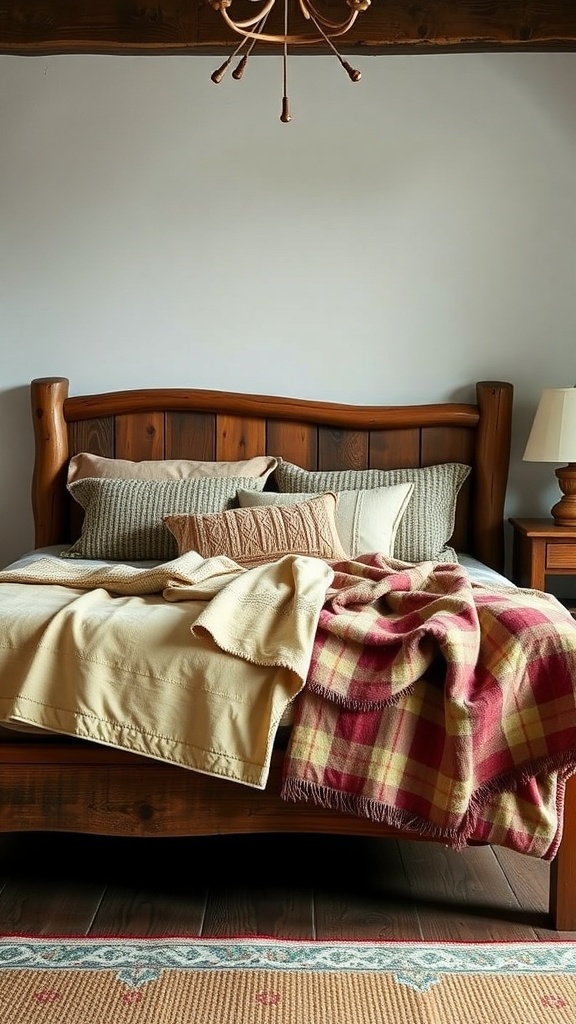 A rustic bed with layered textiles including blankets and pillows.