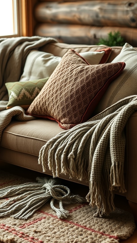 Cozy winter cabin interior with layered textiles on a sofa.