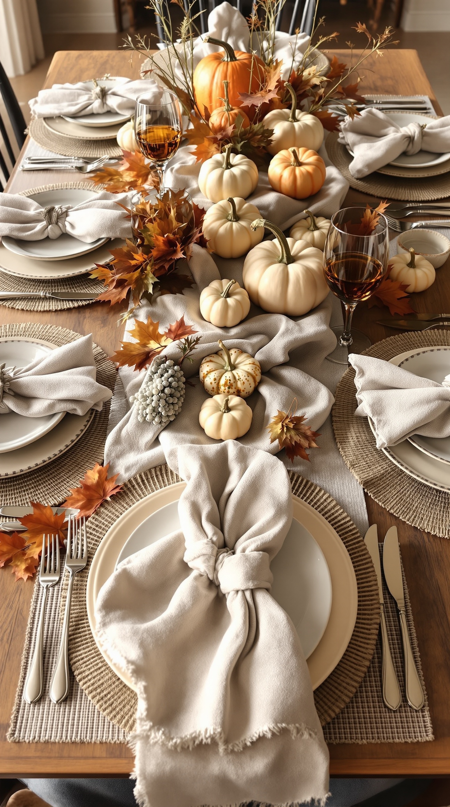 A neutral Thanksgiving table setting featuring layered textiles, silverware, and a plate.