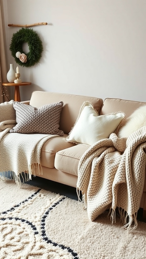 A cozy couch with layered textiles including blankets and pillows.