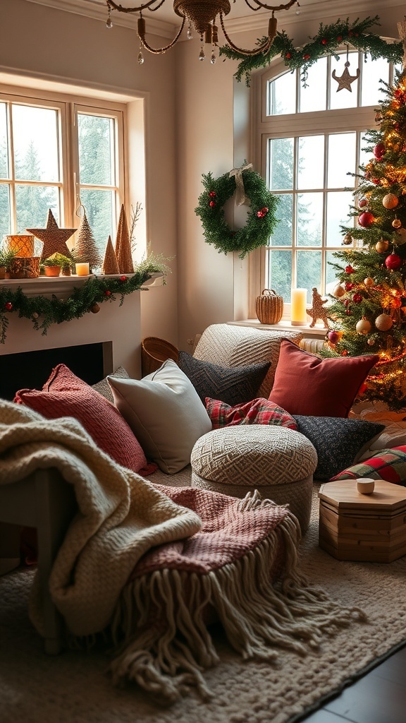 Cozy boho Christmas decor featuring layered textiles, including throws and pillows.