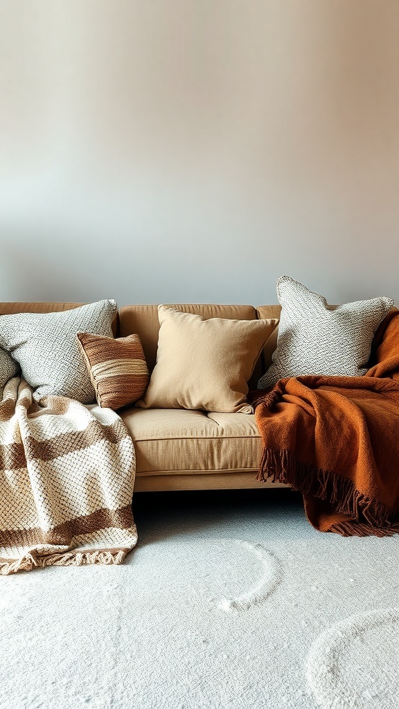 A cozy couch with layered textiles, including pillows and throws in warm colors.