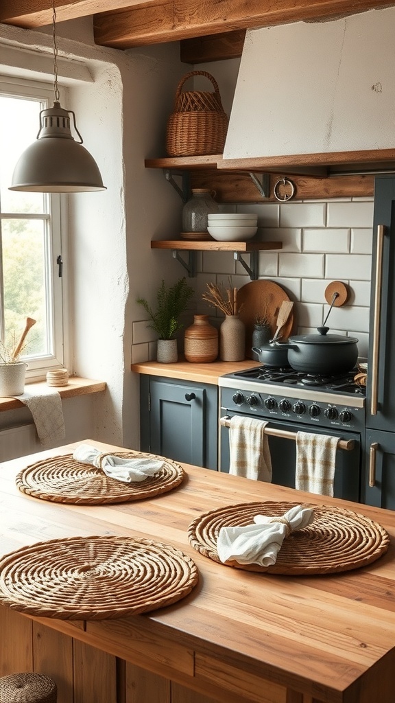 A rustic modern kitchen featuring wooden elements, woven placemats, and soft textiles.