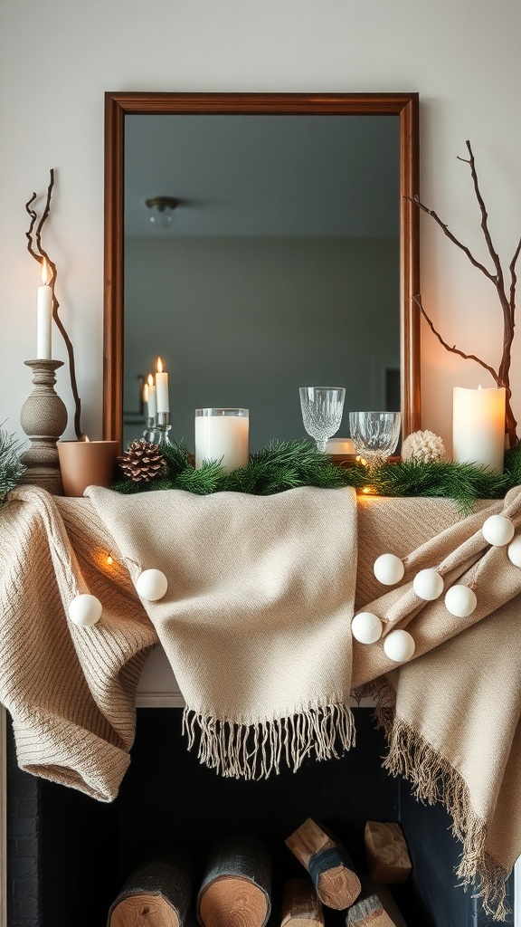 A beautifully decorated winter mantle featuring soft throws, candles, and greenery.