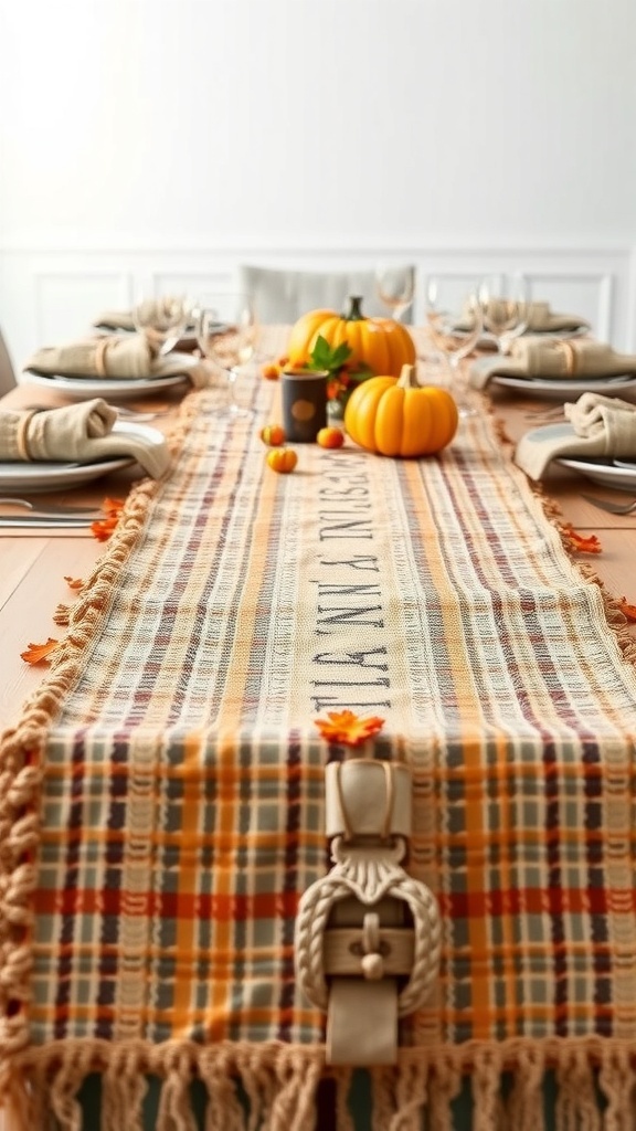 A Thanksgiving table runner with a plaid design, decorated with pumpkins and leaves.