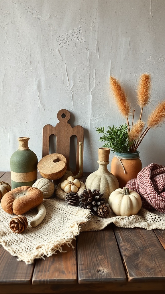 A rustic table featuring various decorative items like pottery, pumpkins, and pinecones.
