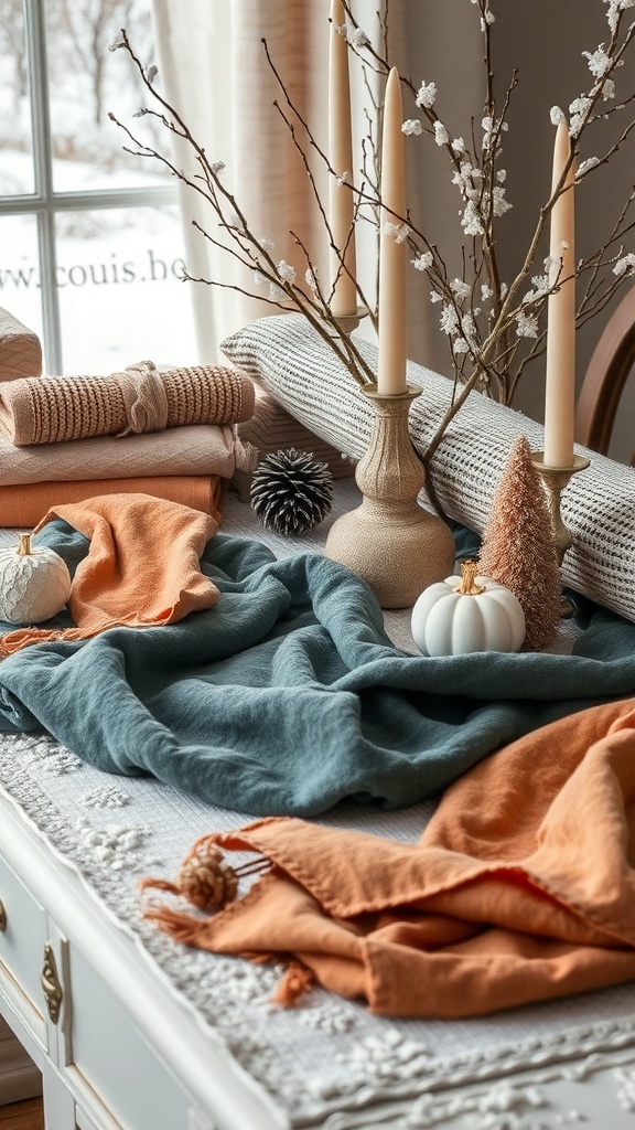A beautifully arranged winter table decor featuring layered fabrics, candles, and decorative elements.