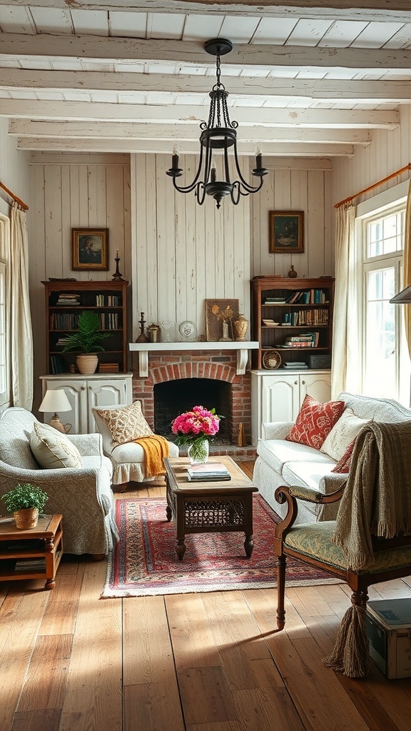 A cozy vintage cottage living room with layered textures and fabrics.