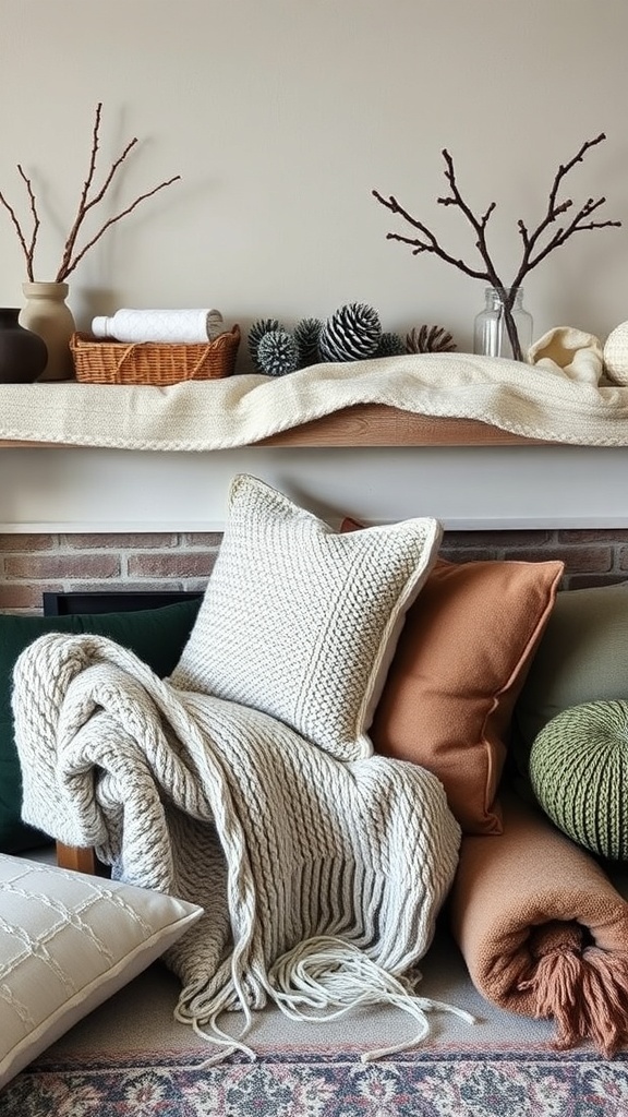 A cozy arrangement of winter textiles including knitted blankets and pillows in warm colors.