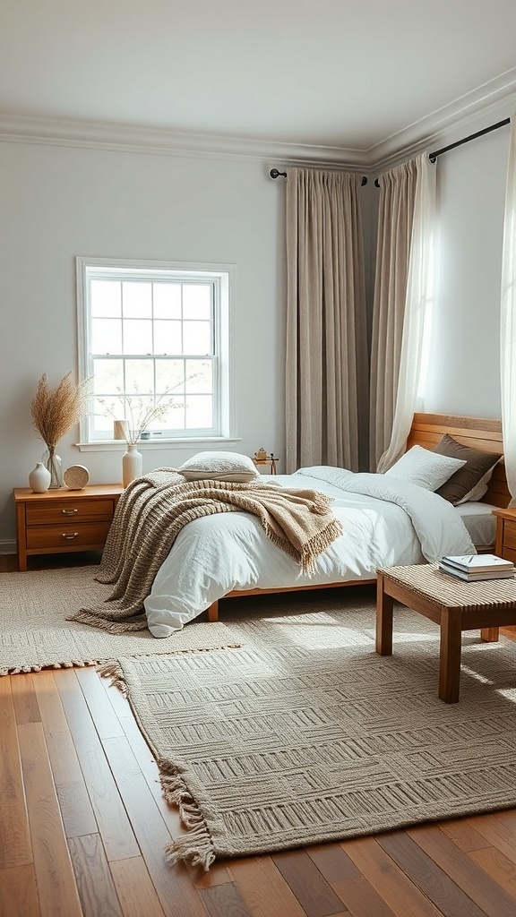 A cozy modern farmhouse bedroom featuring layered textures with blankets, rugs, and wooden furniture.