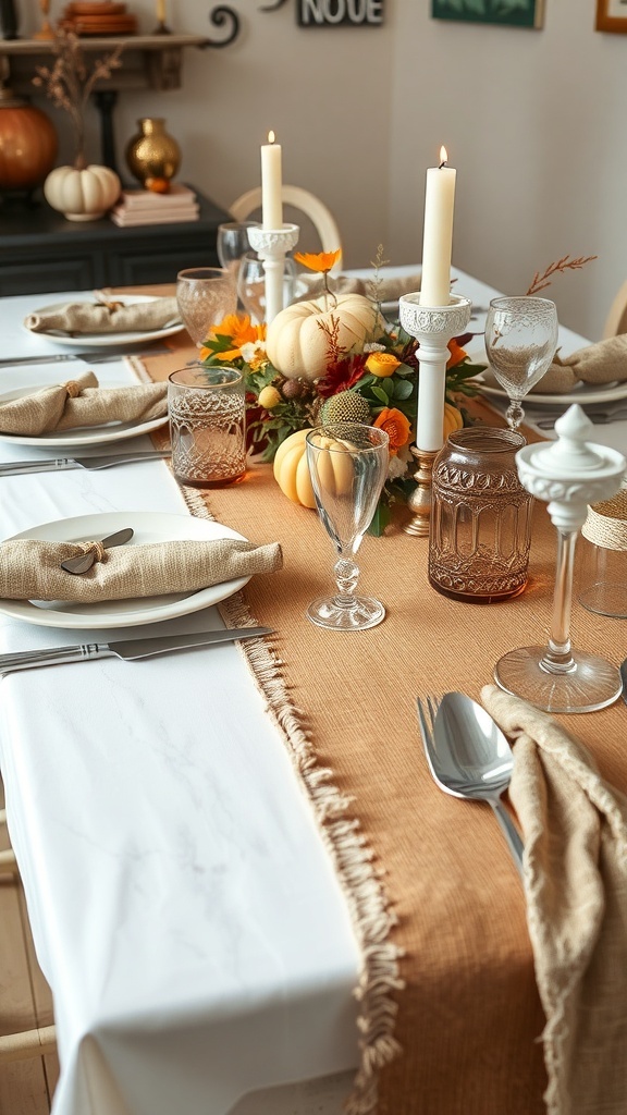 A modern Thanksgiving table setting featuring layered textures with a white tablecloth, brown runner, and decorative pumpkins.