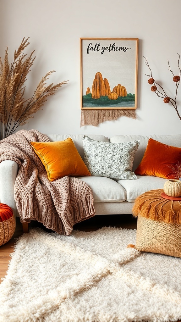 Cozy fall room decor with layered textures, including a couch with colorful pillows, a knit blanket, and a decorative branch.