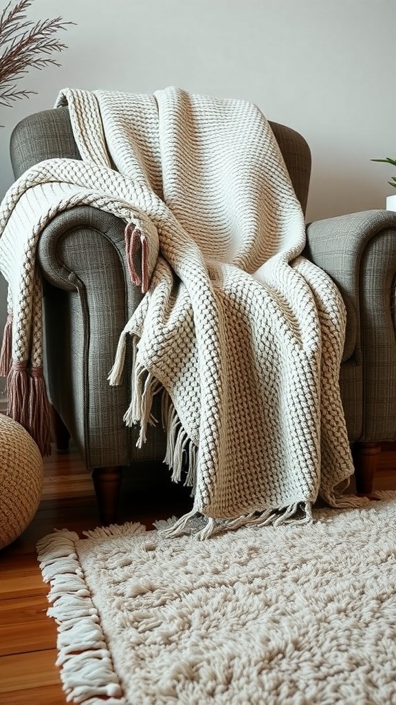 A cozy armchair with a chunky knit blanket draped over it, accompanied by a fluffy rug.