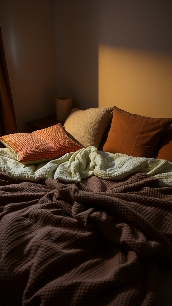 A cozy bed with layered blankets and pillows in warm colors.