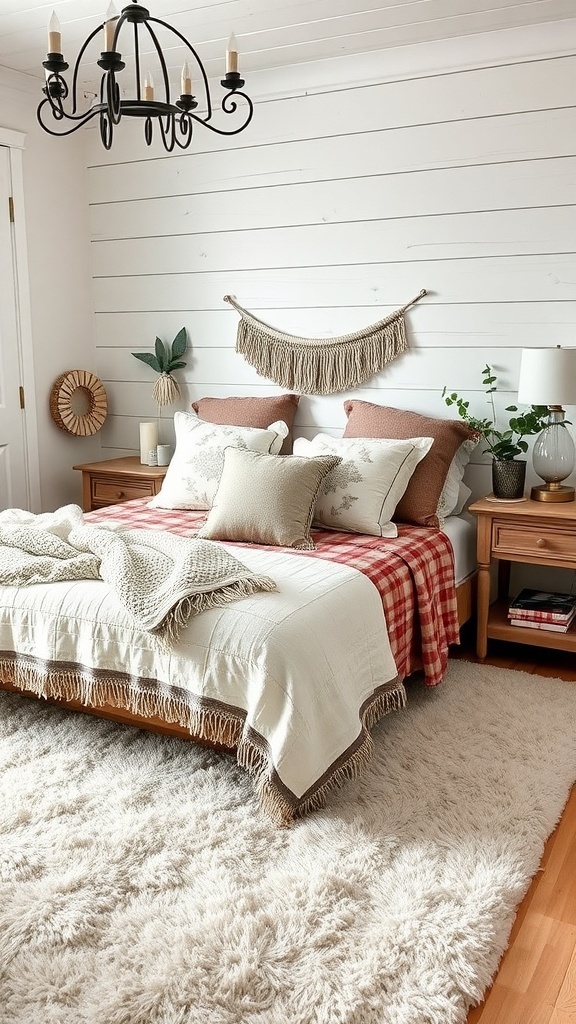 A rustic farmhouse bedroom featuring layered textures with a fluffy rug, cozy blankets, and decorative pillows.