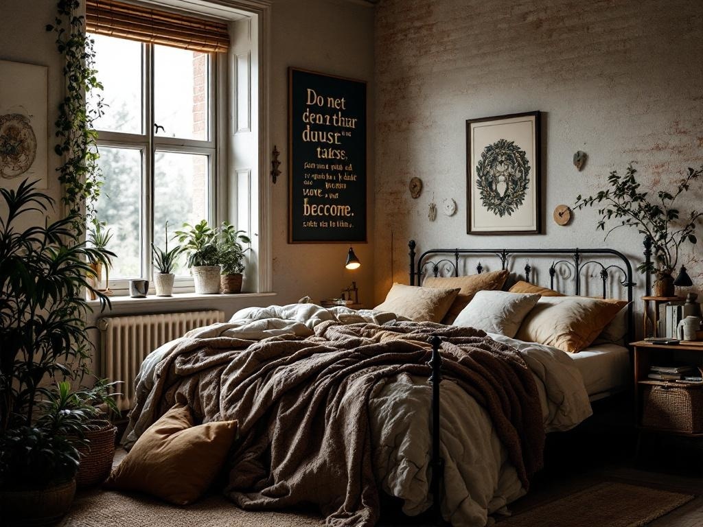 Cozy bedroom featuring a black metal bed frame, layered bedding, and plants by the window.