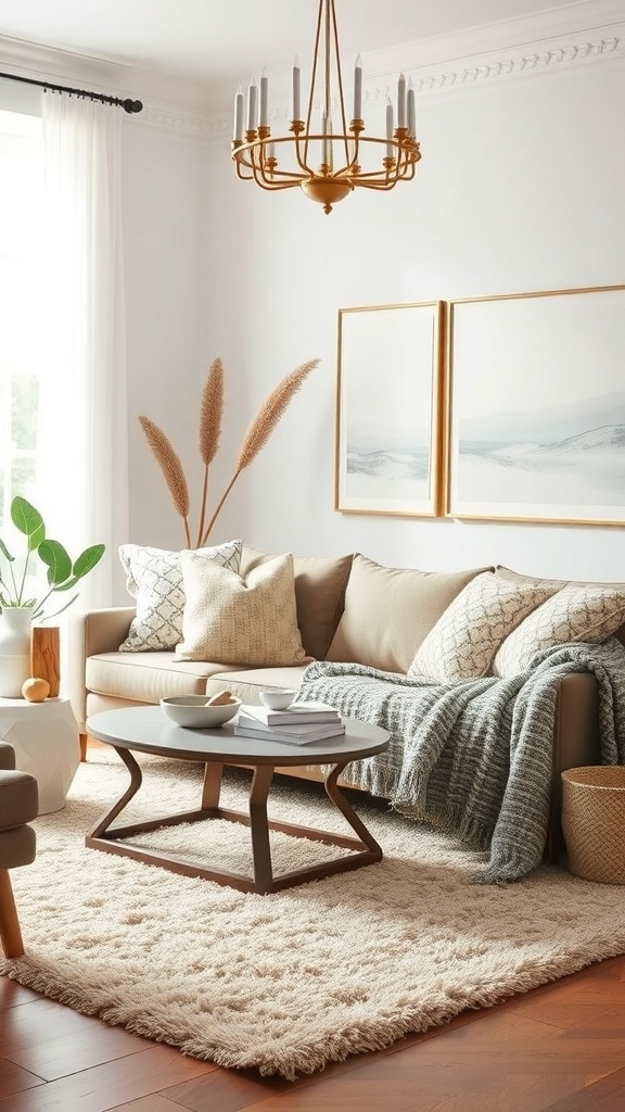 A modern living room featuring a light-colored sofa with cushions, a cozy throw, and a fluffy rug.