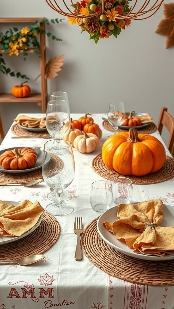Thanksgiving table setting with layered textures including pumpkins, woven placemats, and floral centerpiece.