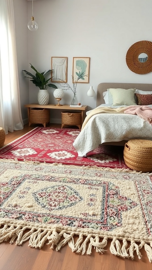 A cozy bedroom featuring layered rugs with different textures and colors.