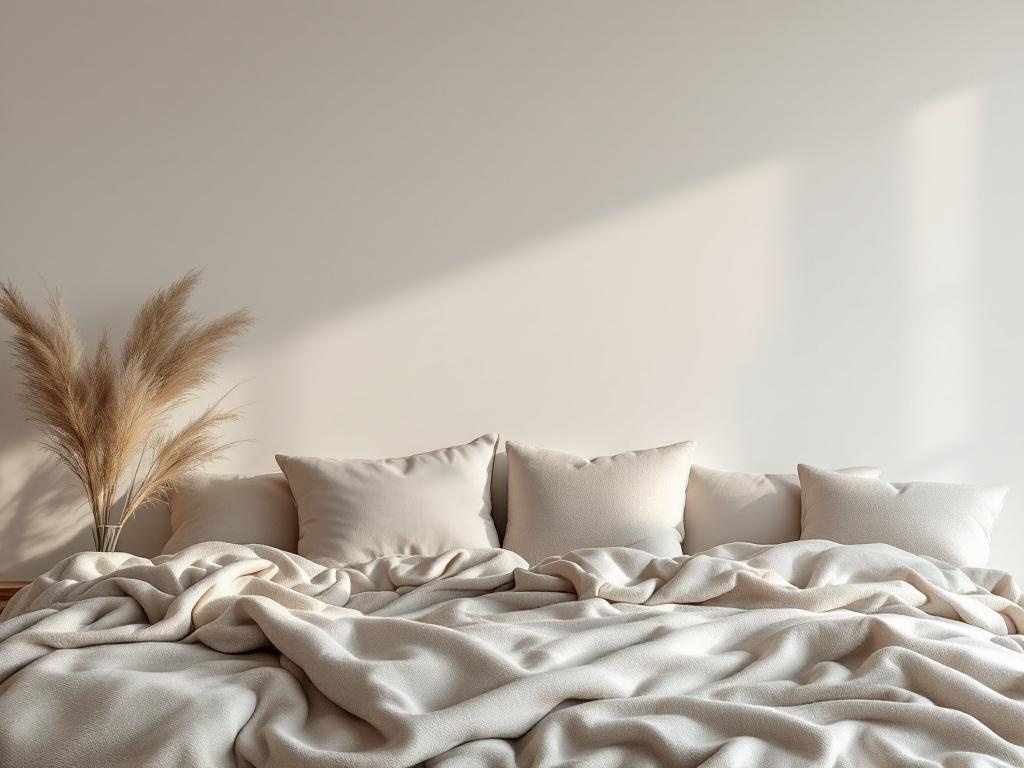 A cozy bed with layered textures, featuring soft pillows and a blanket, complemented by pampas grass decor.