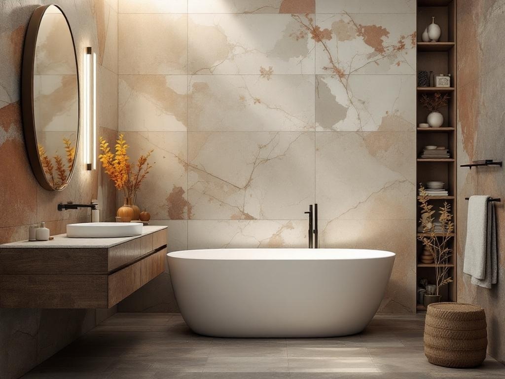 A modern bathroom featuring a freestanding tub, wooden vanity, and warm-toned tiles, decorated with autumn-themed accents.