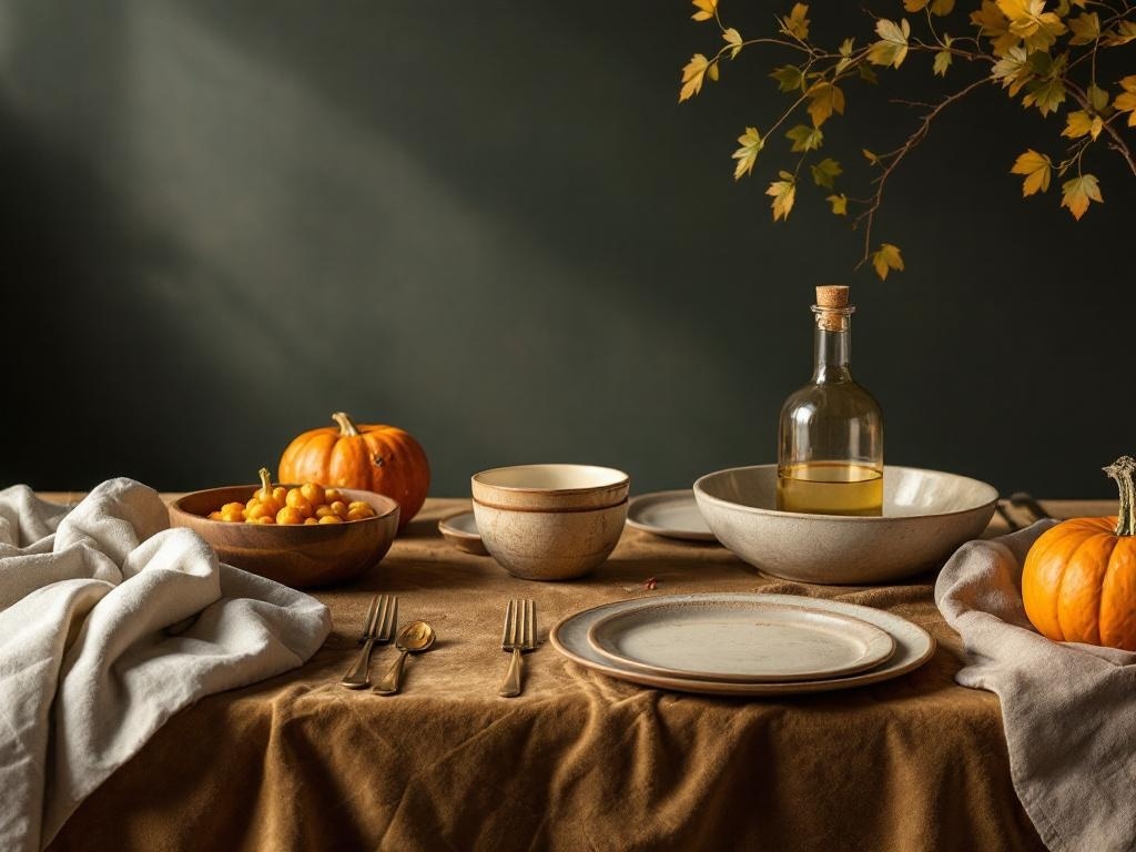 Thanksgiving table setting with layered textures, featuring linen, wooden bowls, pumpkins, and olive oil.