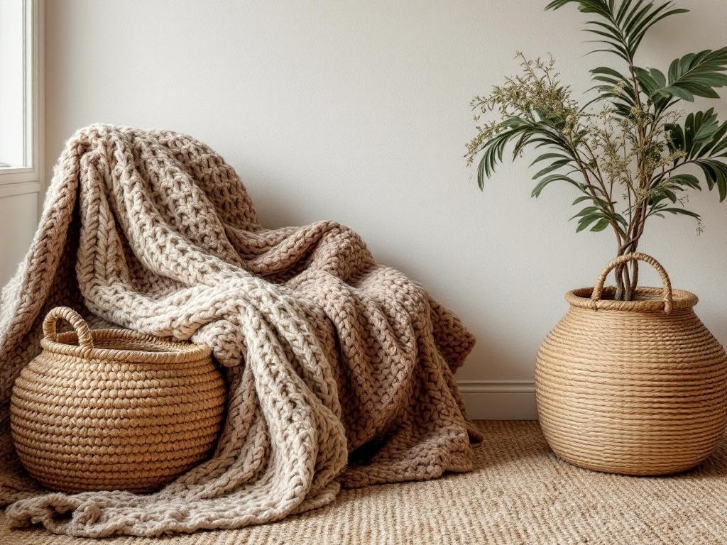 A cozy corner with a chunky knit blanket on a chair, woven baskets, and a potted plant.