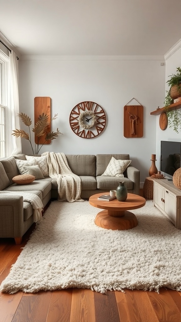 Cozy living room with layered textures, featuring a gray sofa, fluffy rug, wooden coffee table, and warm wall decor.