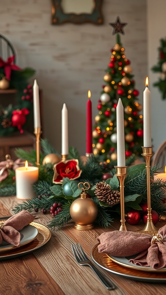 A beautifully decorated Christmas table with candles, ornaments, and greenery.