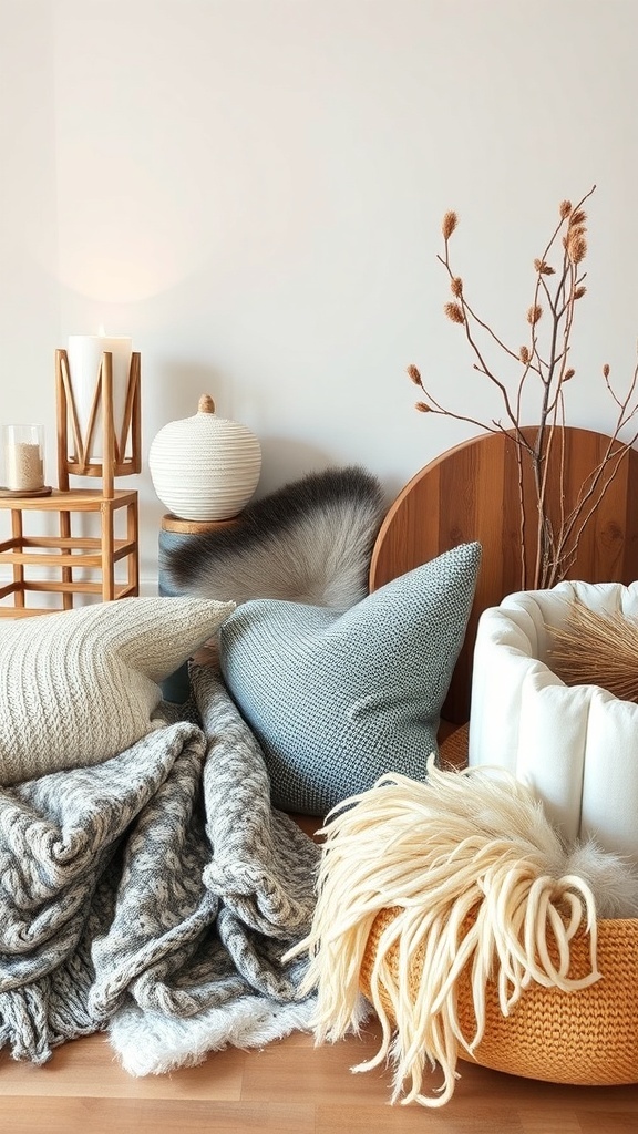 A cozy arrangement of pillows, blankets, and decorative items in a warm setting.