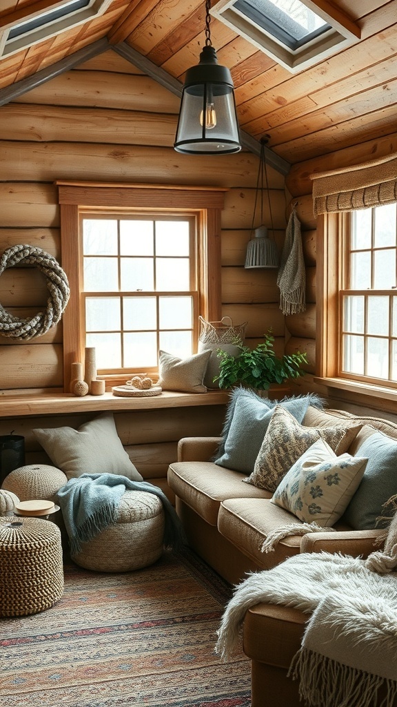 Cozy winter cabin interior with layered textures, including a sofa, pillows, and woven decor.