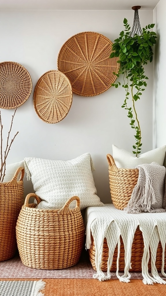 A cozy living space featuring woven baskets, soft pillows, and natural textures.