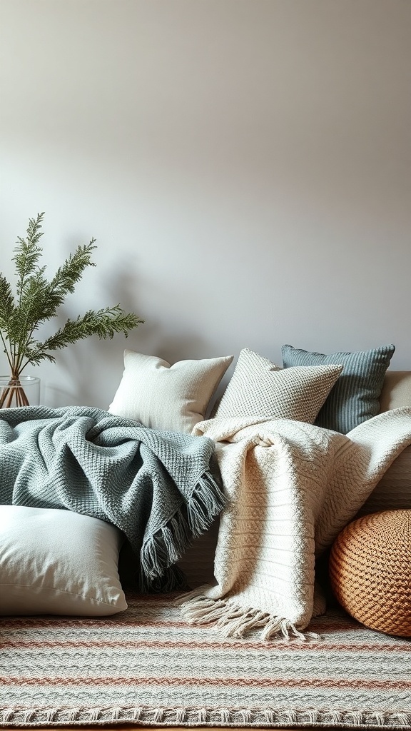 A cozy winter decor setup featuring layered blankets, pillows, and a rug.