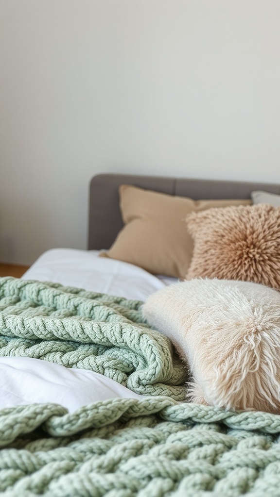 A cozy sage-themed bedroom with a chunky knit blanket and fluffy pillows.