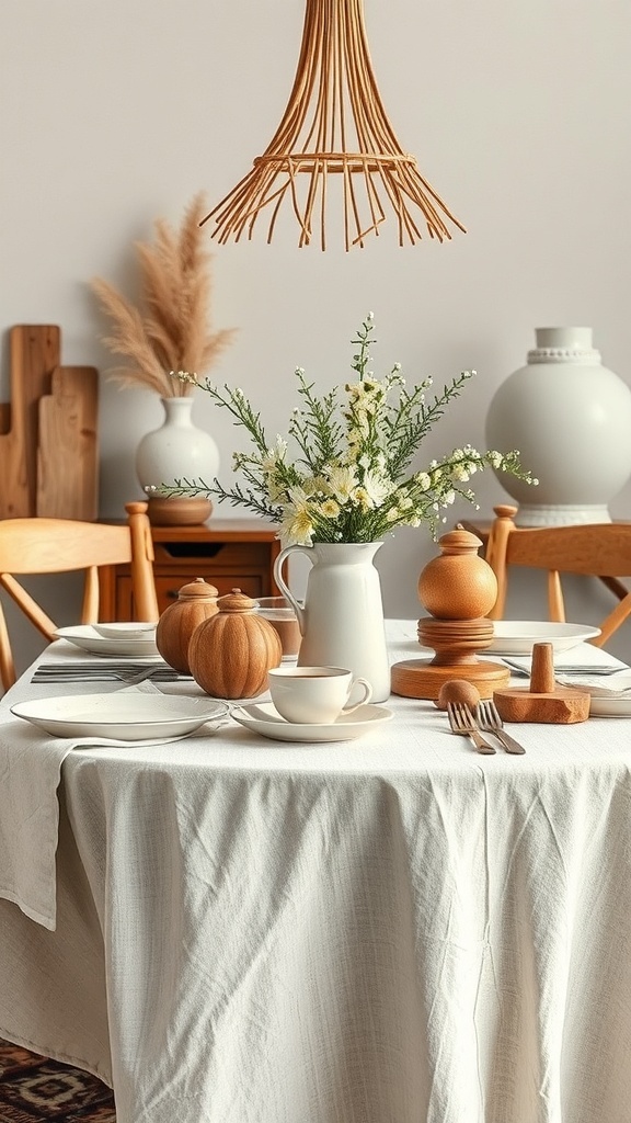A modern farmhouse dining table set with a white tablecloth, wooden decor, and a floral arrangement.