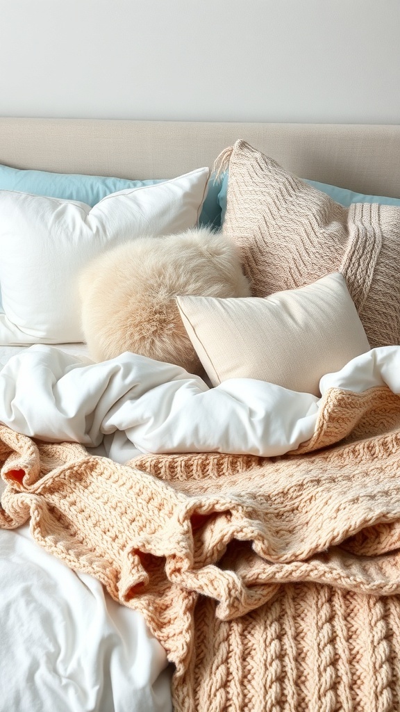 A cozy bed with layered textures, featuring fluffy pillows and a knitted throw blanket.