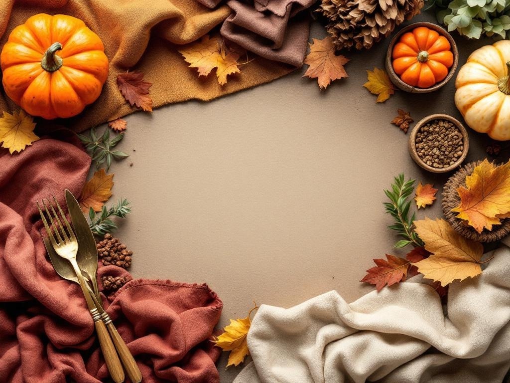 A Thanksgiving table setting with layered fabrics, pumpkins, and natural elements.