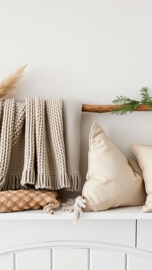 A cozy mantel display featuring knitted blankets, soft pillows, and greenery.
