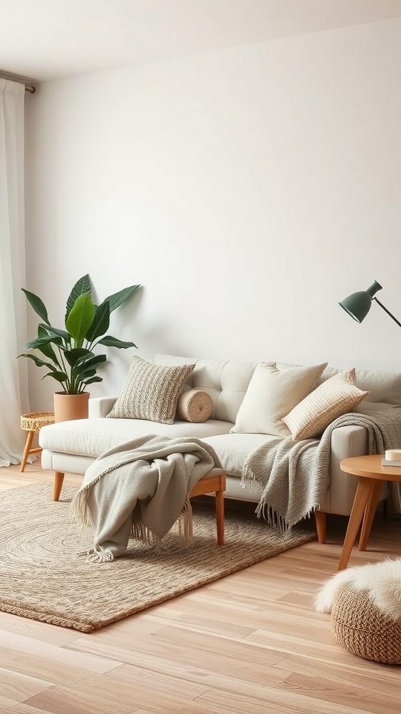 A minimalist living room featuring a light sofa with layered textures, including throws and a woven rug.