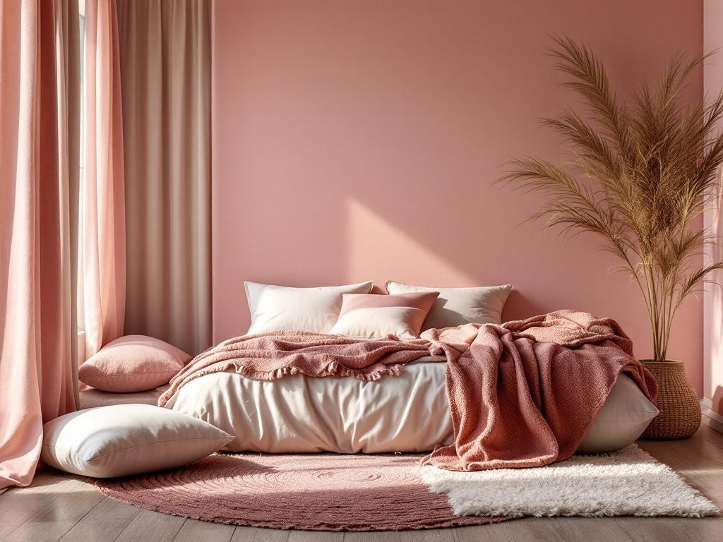 A cozy bedroom with earthy pink walls, layered bedding, and soft textures.