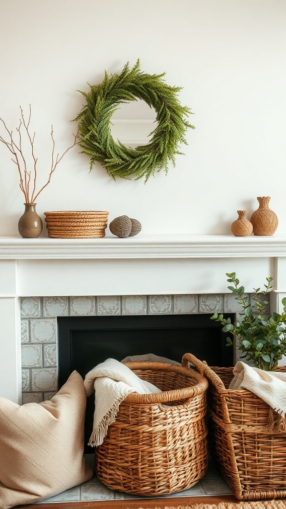 A cozy fall mantel decorated with a green wreath, woven baskets, and soft fabrics.