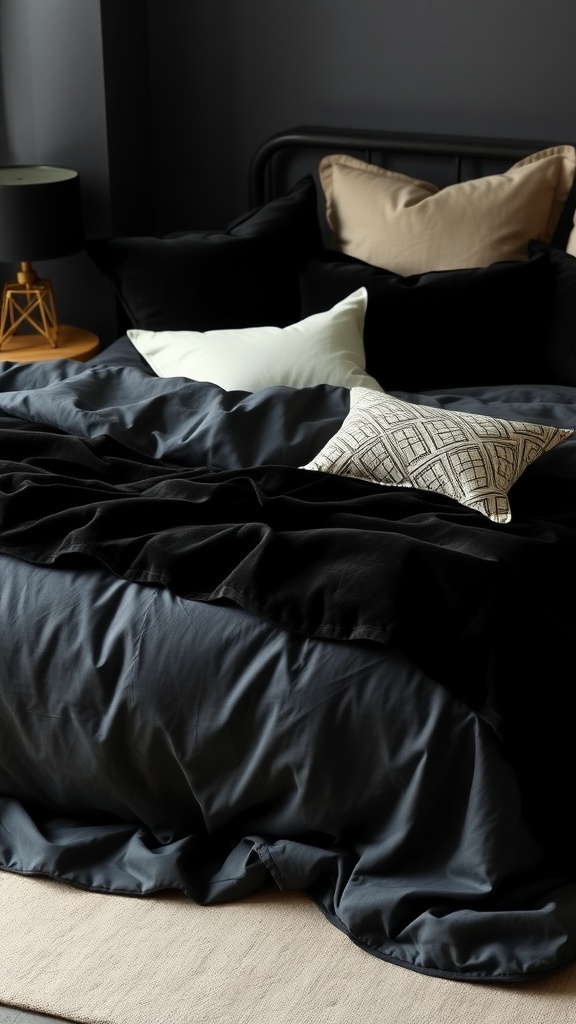 A cozy black bedding setup with layered textures and pillows.