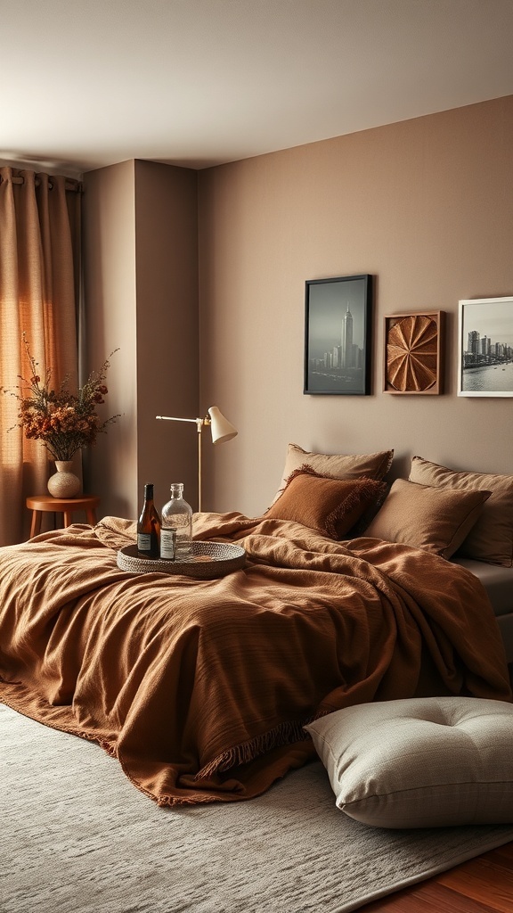 Cozy brown bedroom with layered textures and warm accents